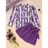 Toddler Girl Purple Rose Print Girls Outfit, Spring Fall Stripe Top With Belt Skirts Set Holiday Going Out Clothes